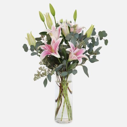 Vase of Five Pink Lilies