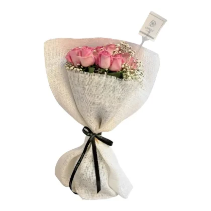 Whisper of Roses Bouquet – pink roses with Baby’s Breath and off-white burlap wrap from Laviola