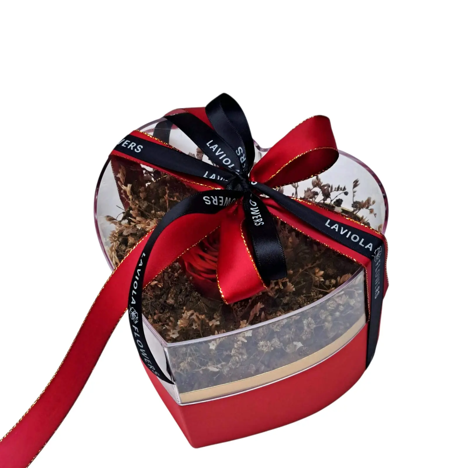 Side view of Forever Love Rose – Natural Preserved Red Rose in Heart-Shaped Gift Box with Dried Baby’s Breath Flowers