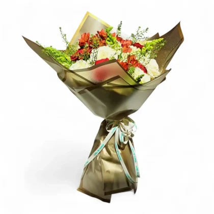 A luxurious bouquet of red and white roses in an elegant gold box. The perfect gift for romantic or special occasions, with fast delivery