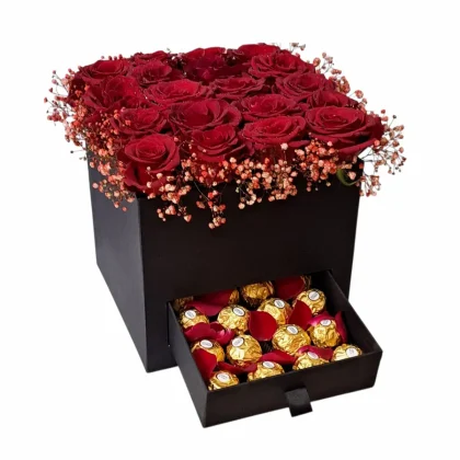 Luxury square red rose box with red gypsophila and Ferrero Rocher chocolates in hidden drawer