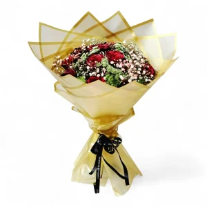 10 red roses bouquet with gypsophila wrapped in elegant gold paper